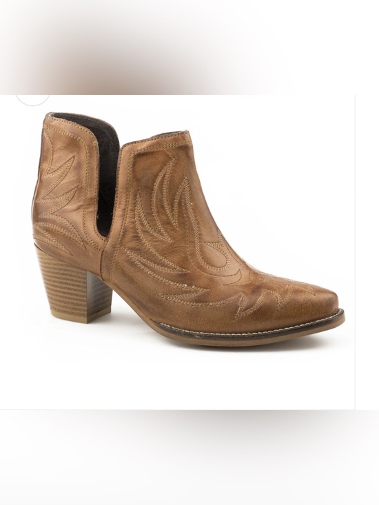 Roper Shoes - ROPER ROWDY ANKLE BOOTIE Tan Leather Block Heel Cut Out Western Embroidered 7.5
